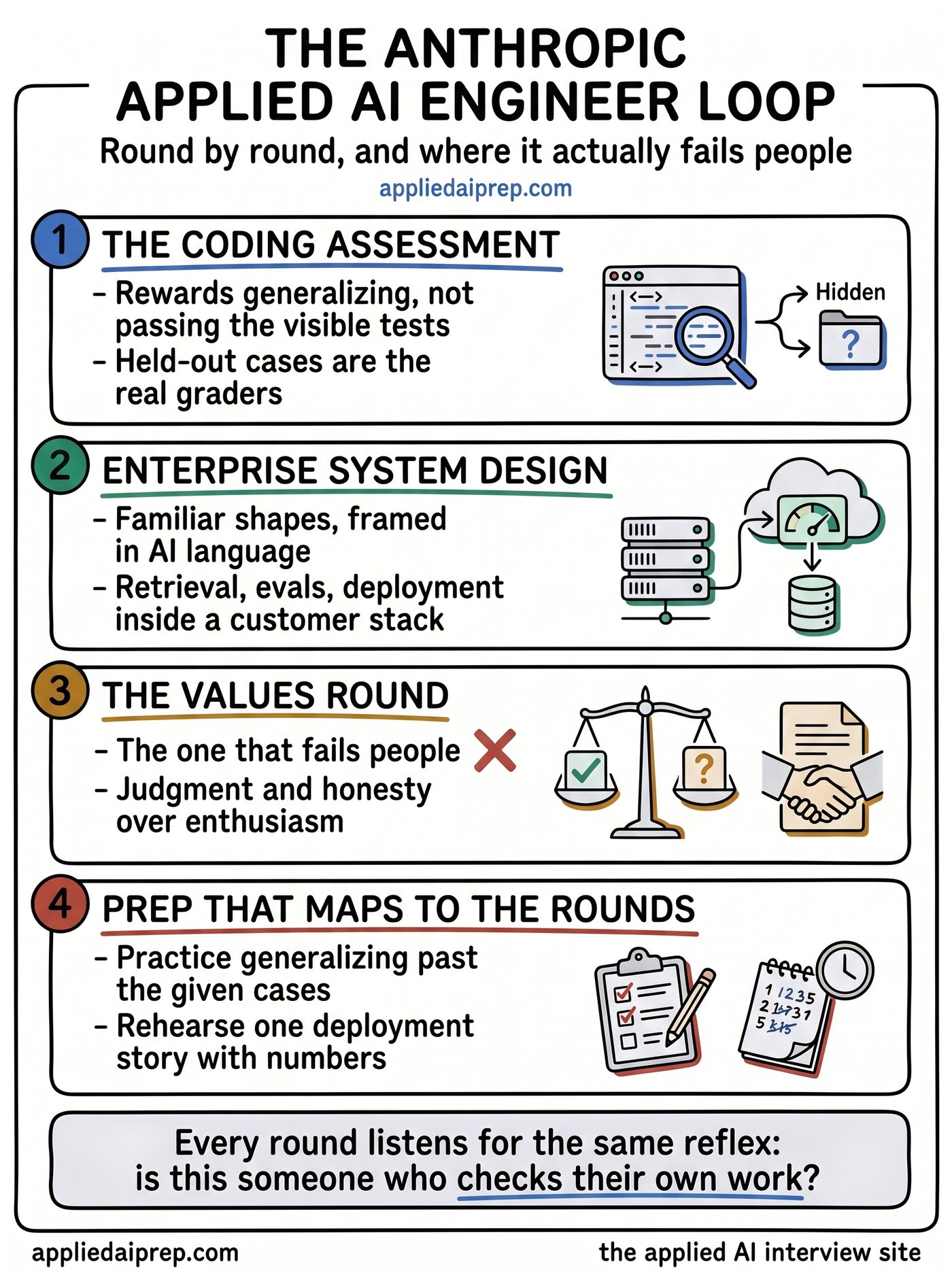 Infographic of the Anthropic Applied AI Engineer interview loop: a coding assessment that rewards generalizing beyond the visible tests, enterprise system design framed in AI language, the values round that fails the most people, and a prep plan mapped to the rounds.