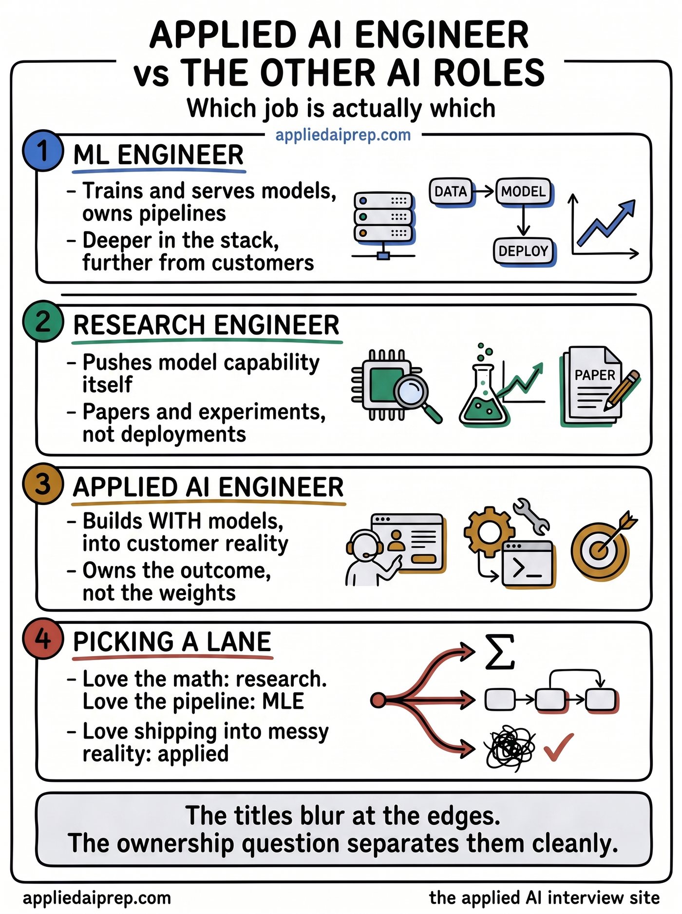 Infographic comparing the Applied AI Engineer role with ML Engineer, Research Engineer, and AI Product roles: who trains models, who deploys them, who owns customers, and how to pick a lane.