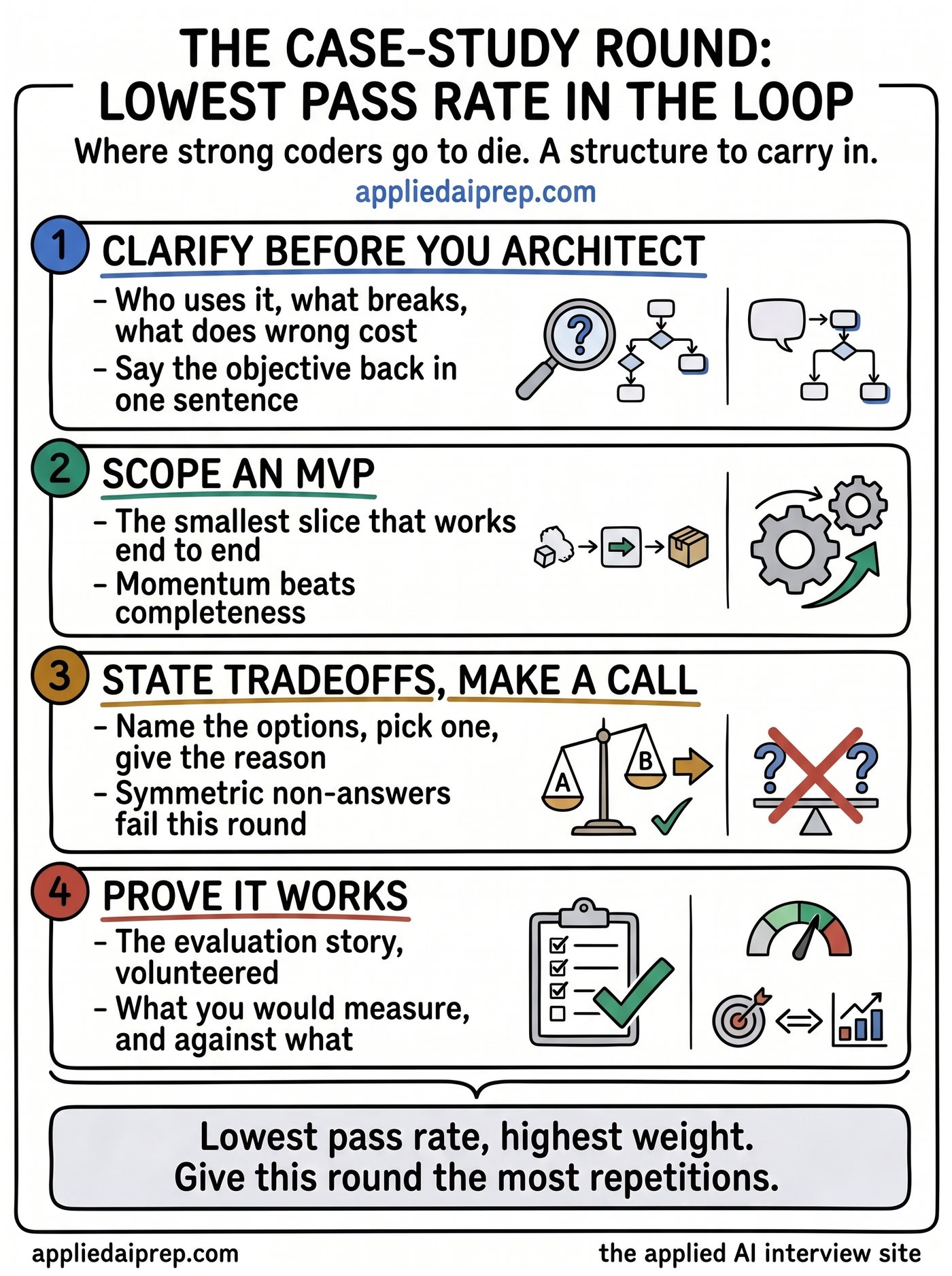 Infographic on the ambiguous customer case-study round in Applied AI interviews: clarify before you architect, scope an MVP that works end to end, state tradeoffs then make a call, and prove it works with an evaluation story.
