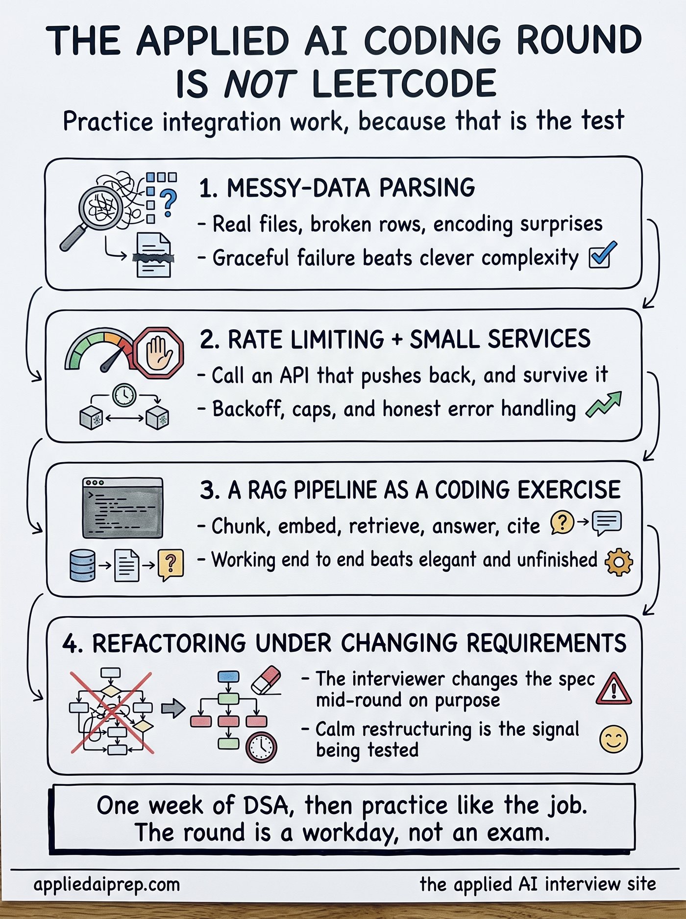 Infographic showing what Applied AI coding interviews actually test instead of LeetCode: parsing messy real-world data, rate limiting and small services, building a RAG pipeline as a coding exercise, and refactoring under evolving requirements.