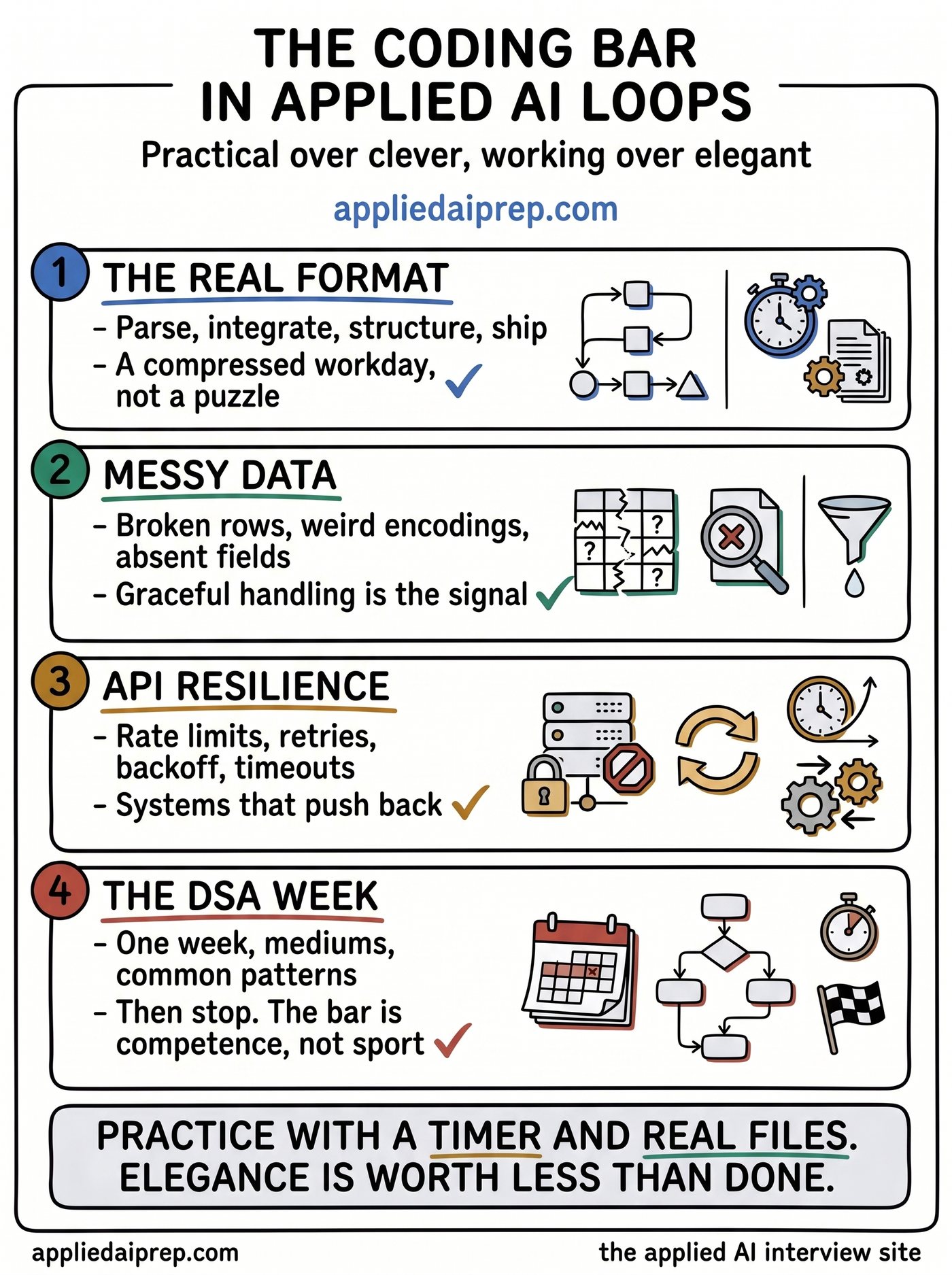Infographic of coding interview themes in applied AI loops: practical integration tasks, messy data handling, API resilience, and the one week of DSA that is actually worth doing.