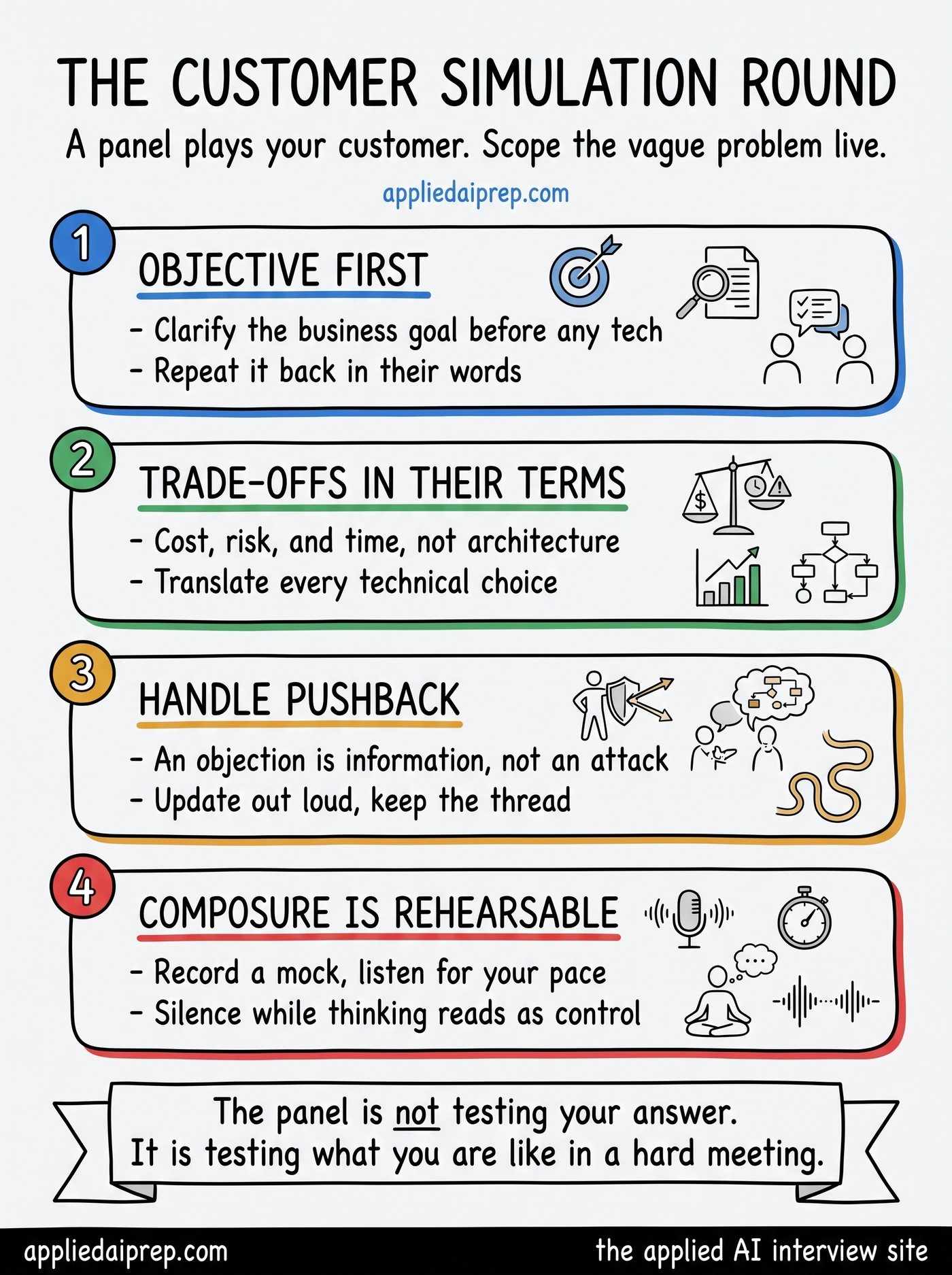 Infographic on the customer simulation roleplay round: clarify the business objective first, communicate trade-offs in the customer's terms, handle pushback without losing the thread, and rehearse composure as a skill.