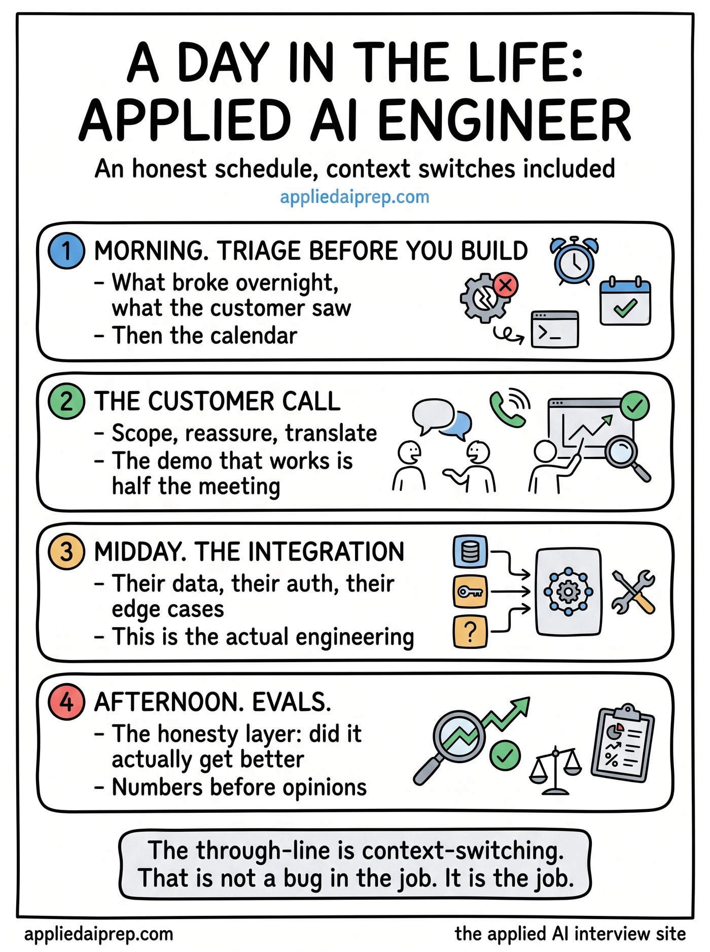 Infographic showing a day in the life of an Applied AI Engineer: morning triage, the customer call, building the integration midday, running evals in the afternoon, and the through-line that context-switching is the job.