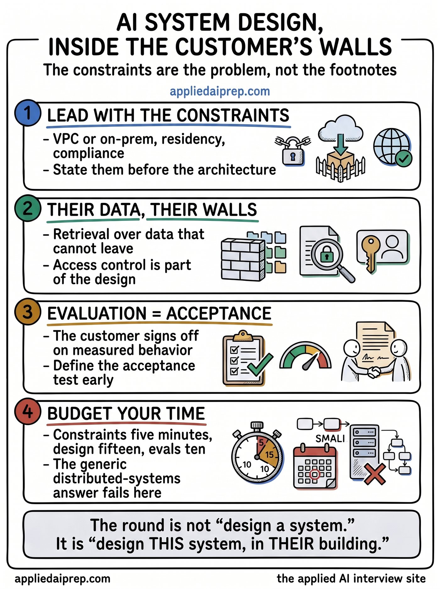Infographic on the Applied AI system design round under customer constraints: designing inside a VPC or on-prem, data residency and compliance, the retrieval pipeline over the customer's data, and evaluation as customer acceptance.