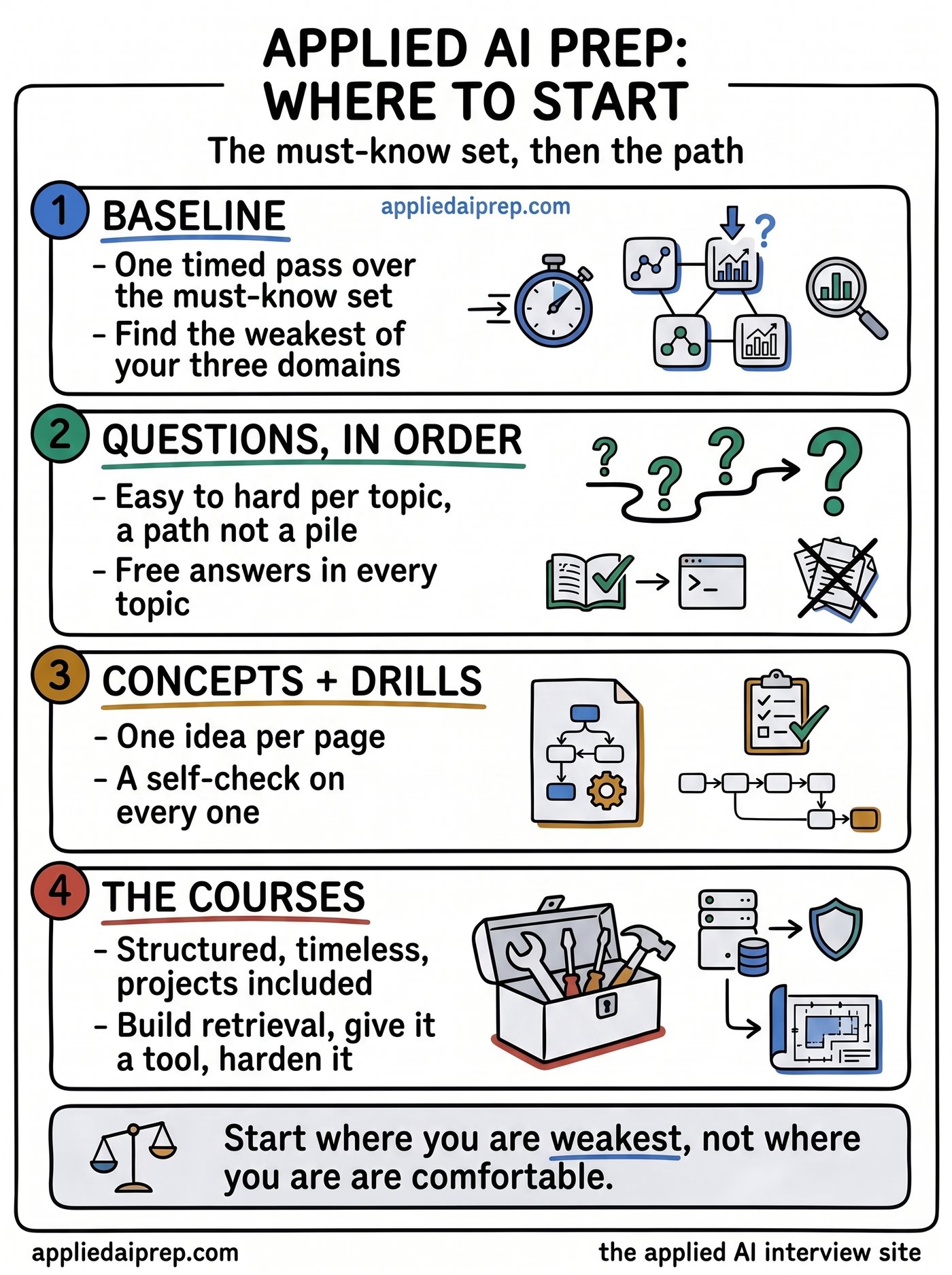 Infographic showing where to start with Applied AI interview prep: one timed pass over the essentials to find your weakest domain, then questions ordered easy to hard per topic, concepts with self-check drills, and two courses with hands-on projects.