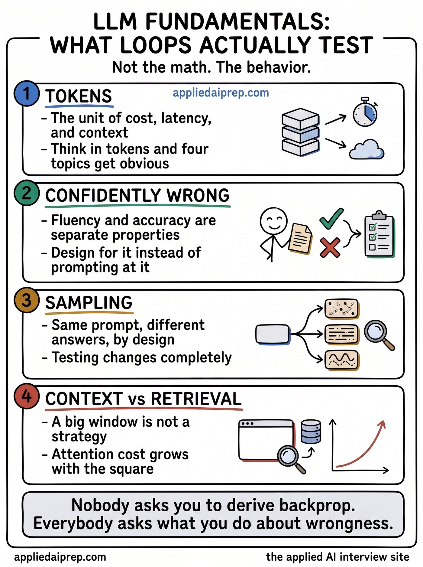 Infographic of LLM and GenAI interview themes: tokens as the unit of cost and latency, why models are confidently wrong, sampling and determinism, and context windows versus retrieval.
