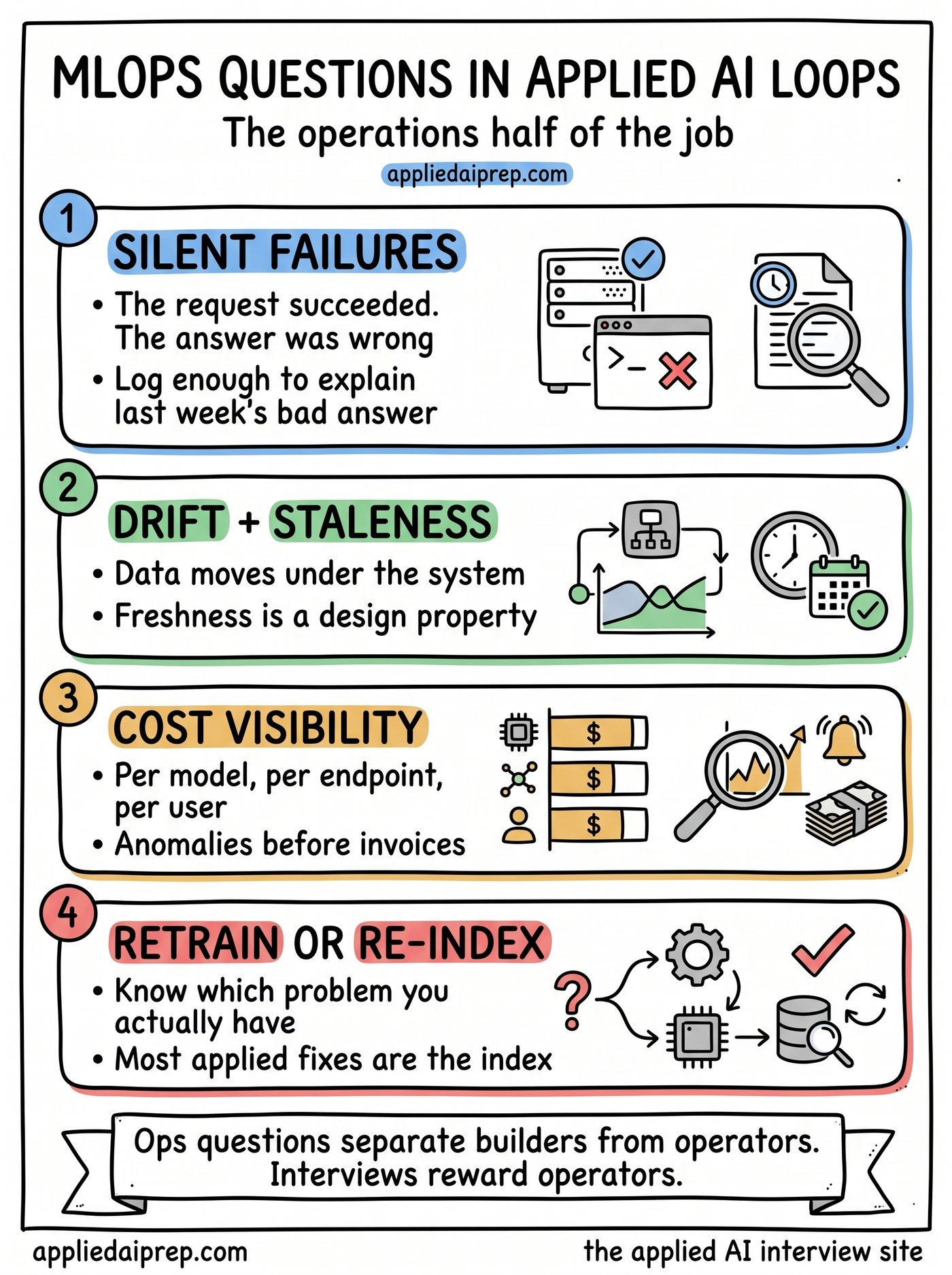 Infographic of MLOps interview themes in applied AI: monitoring systems whose failures are silent, drift and staleness, cost visibility per feature, and retraining versus re-indexing decisions.