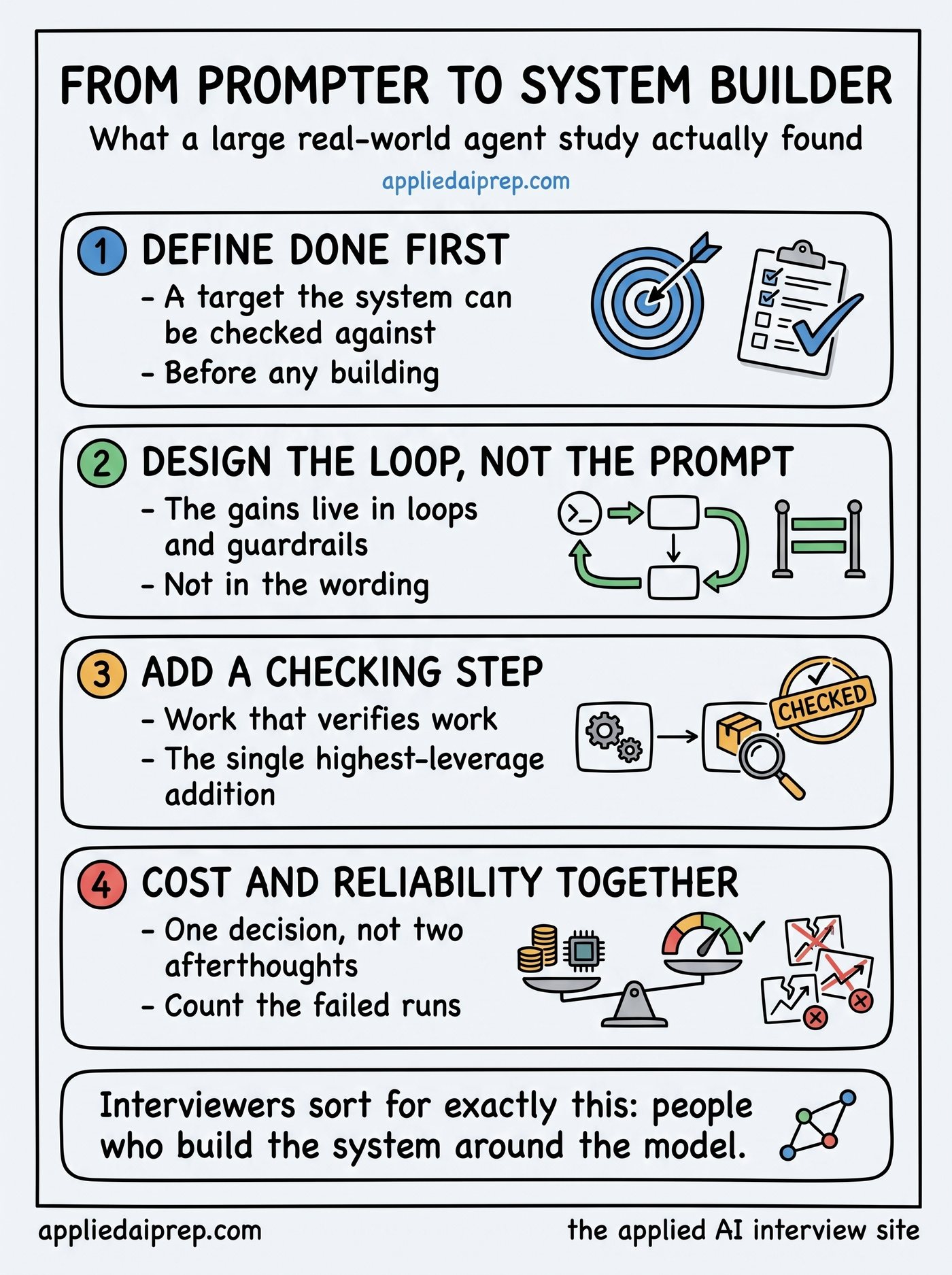 Infographic on moving from prompting to system building: define done before you build, design the whole loop not the prompt, add a step that checks the work, split work into roles, and treat cost and reliability as one decision.