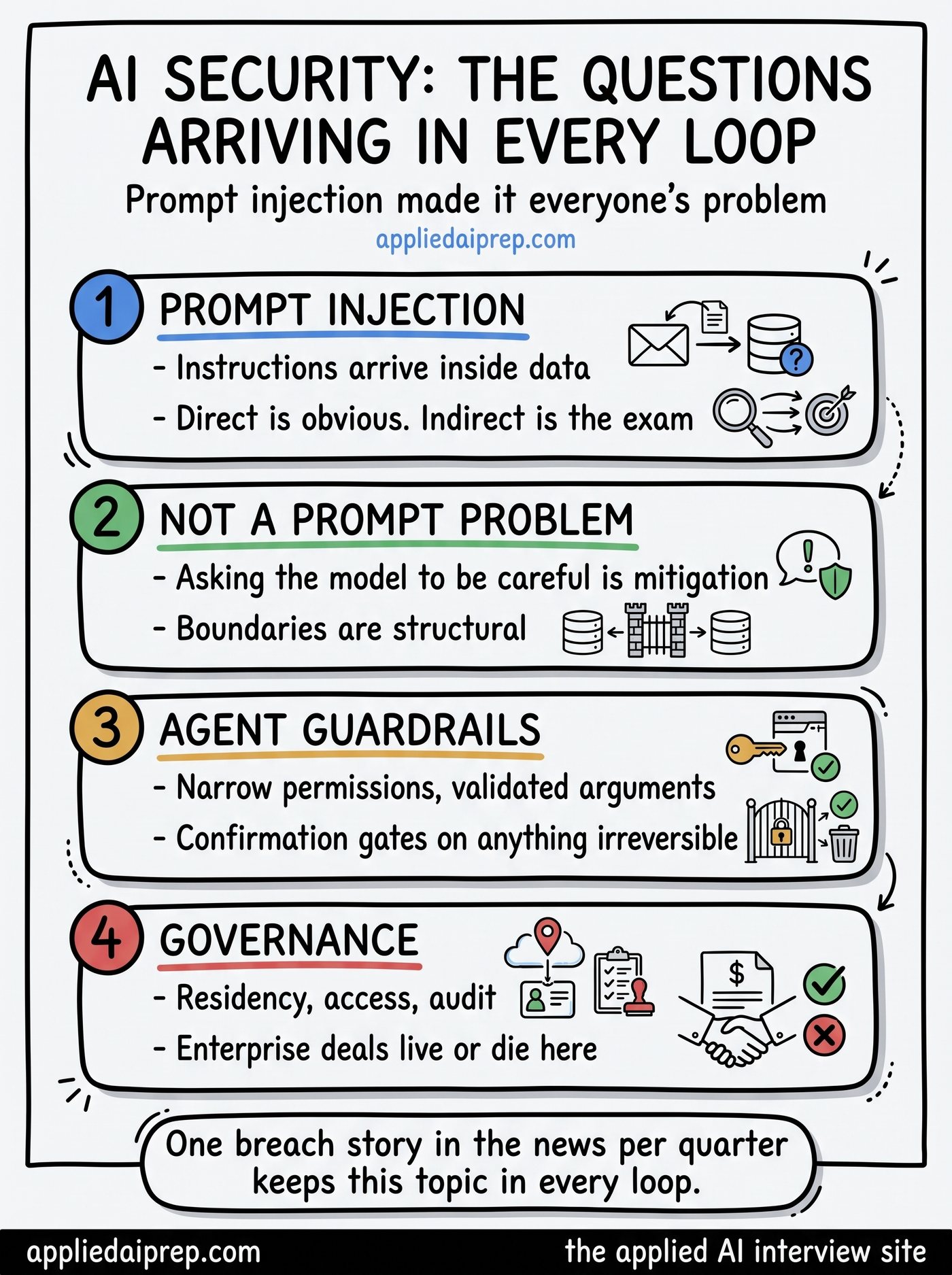 Infographic of AI security interview themes: prompt injection direct and indirect, why prompting is not a trust boundary, agent guardrails with confirmation gates, and data governance in enterprise deployments.