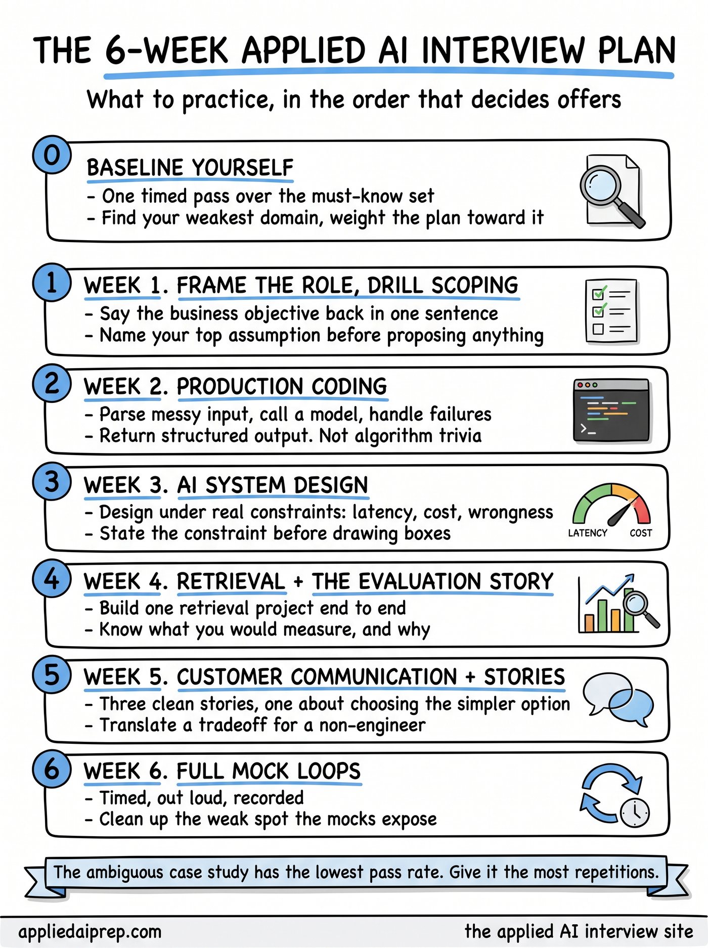 The 6-week Applied AI Engineer interview prep plan: week one framing the role and drilling scoping, week two production coding, week three AI system design, week four retrieval and evaluation, week five customer communication and stories, week six full mock loops, with the reminder that ambiguity handling gets the most repetitions.