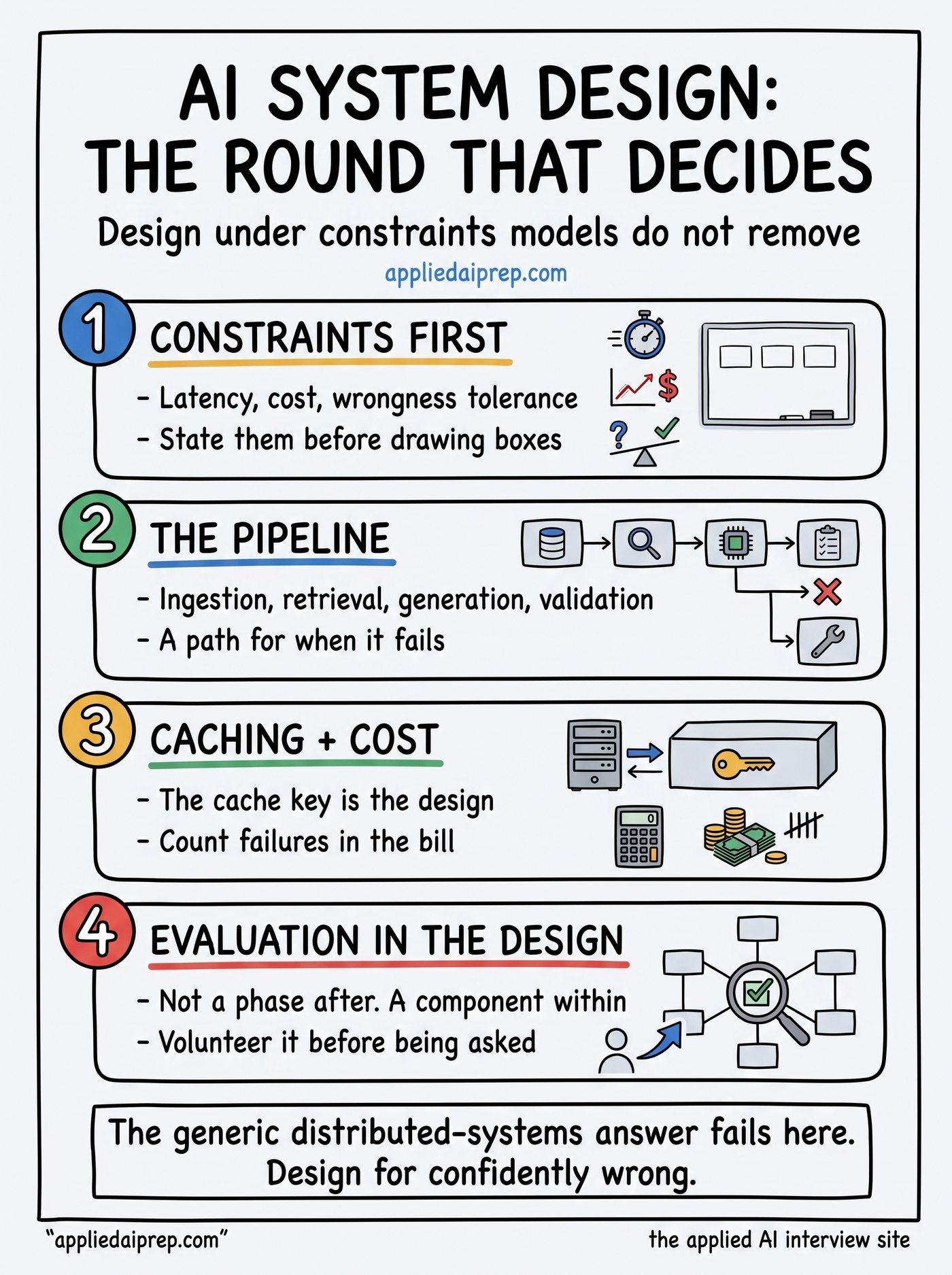 Infographic of AI system design interview themes: stating constraints first, retrieval pipelines, caching and cost, failure modes of probabilistic systems, and evaluation as part of the design.