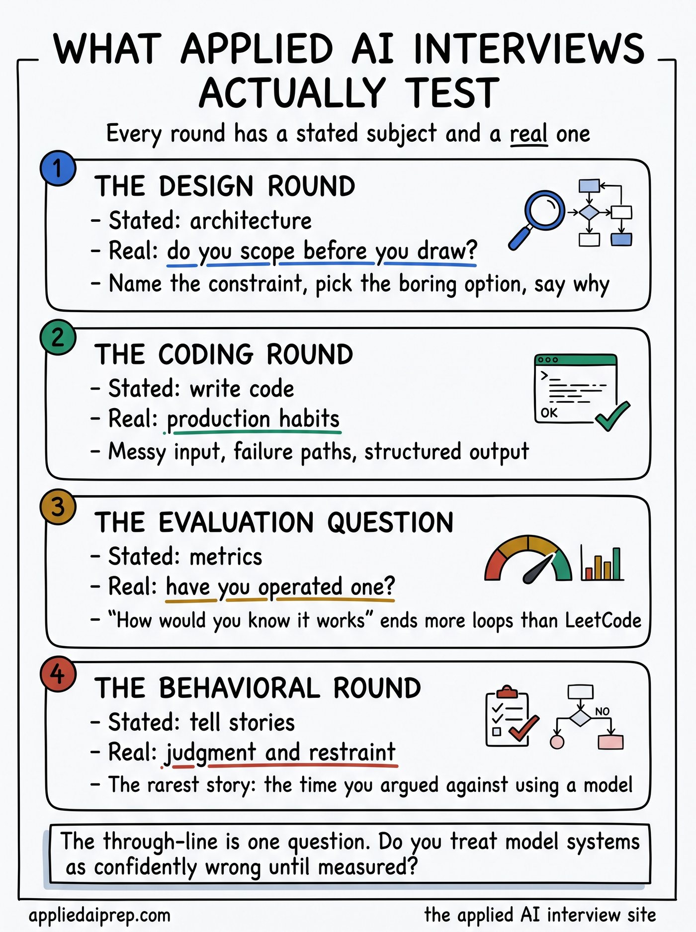 Infographic mapping Applied AI Engineer interview rounds to what they really test: the design round tests whether you price autonomy, the coding round tests production habits, the evaluation question tests whether you have operated a system, and the behavioral round tests judgment and restraint.