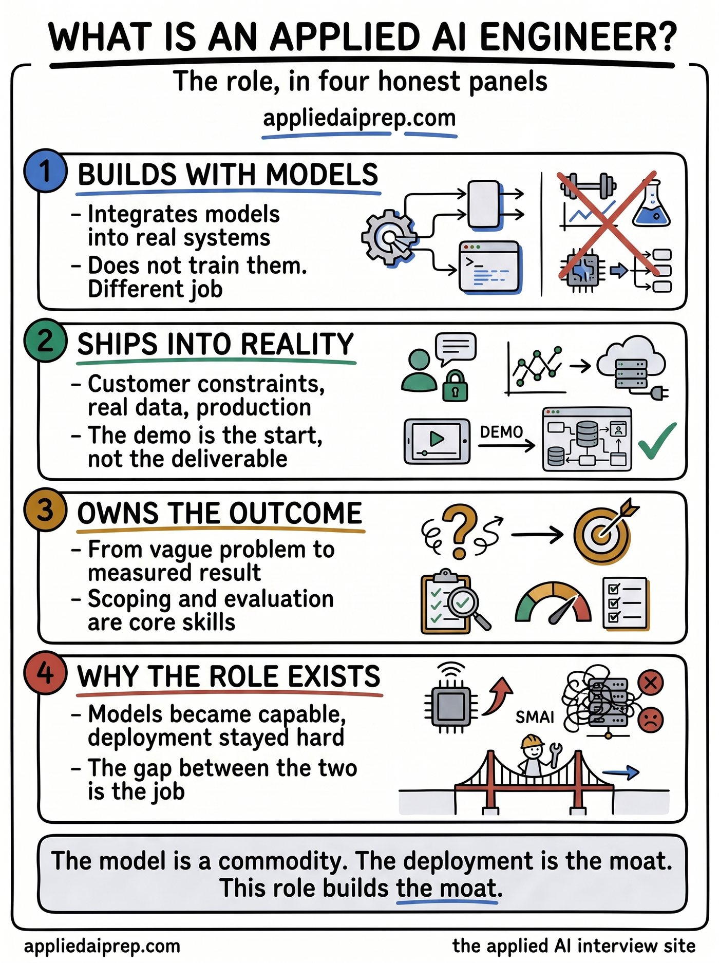 Infographic explaining the Applied AI Engineer role: building with models rather than building models, shipping AI systems into real customer constraints, owning outcomes end to end, and why the role grew from enterprise AI adoption.