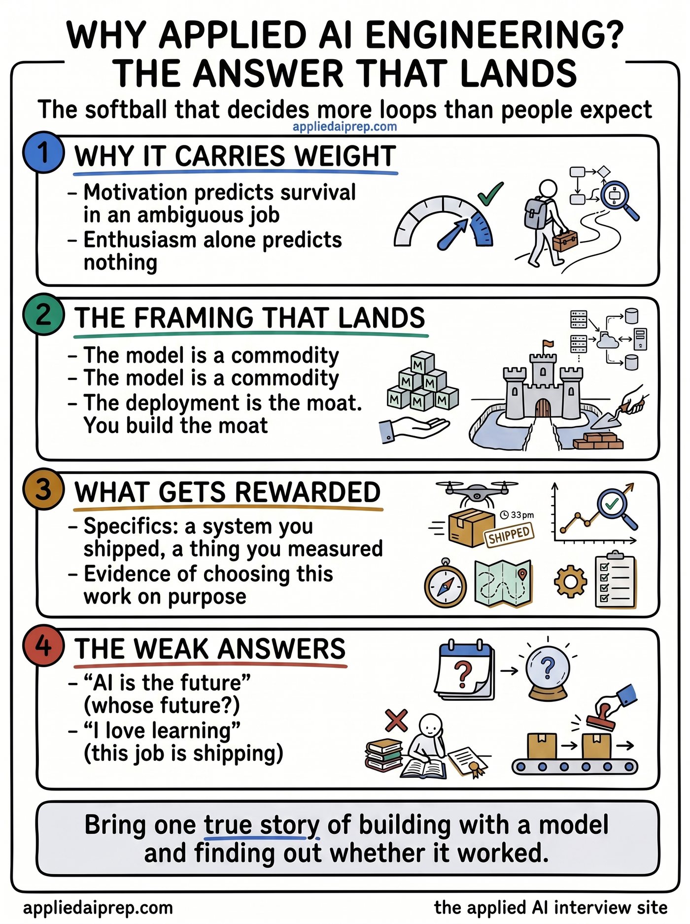 Infographic on answering the Why Applied AI Engineering interview question: why the question carries weight, the framing that the model is a commodity and the deployment is the moat, what interviewers reward, and the weak answers to avoid.